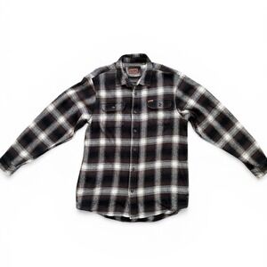 Orvis Flannel Shirt Mens LT Brown Black Plaid Excellent Heavyweight Cotton‎